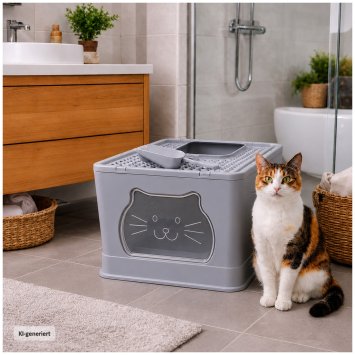Katzentoilette geschlossen grau mit Schaufel