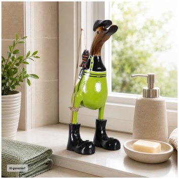Dekoente Fjordquak der Fischfänger aus Holz 25 cm Angler Ente maritime Figur