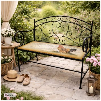 Gartenbank Celia Hahn Metallbank schwarz mit Motiv Sitzfläche 109 cm