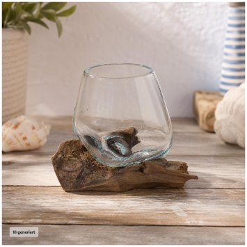 Mundgeblasene Glasvase auf Kaffeewurzel 10 cm Dekovase aus Glas und Holz