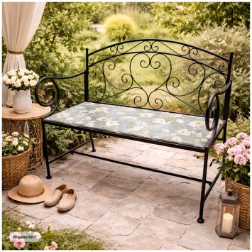 Gartenbank Celia Petunien Metallbank schwarz mit Motiv Sitzfläche 109 cm