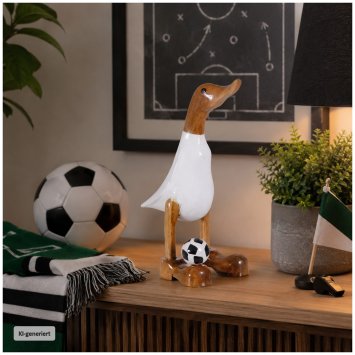 Dekoente Quakinho Ballfüßler aus Holz 25 cm Fußball Dekofigur