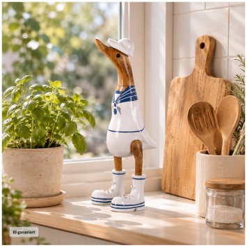 Dekoente Matrosen-Manni Schnabelweiß aus Holz 25 cm maritime Entenfigur