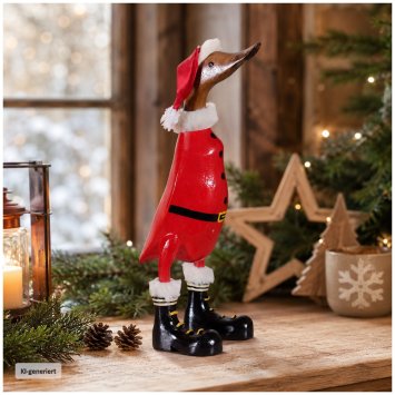 Dekoente Santa Quaklaus aus Holz 25 cm Weihnachtsdeko Ente