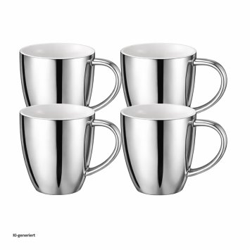 Becher Set silberfarben mit Henkel 250 ml Porzellan 4 Stück Kaffeebecher