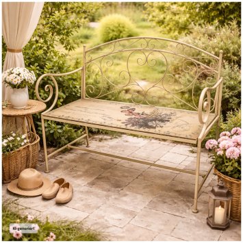 Gartenbank Schmetterling creme Metallbank mit Motiv Sitzfläche 109 cm