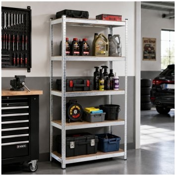 Lagerregal mit 5 MDF Böden und silbernem Stahlgestell