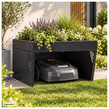 Rasenmähergarage mit Pflanzkasten Metall Schwarz