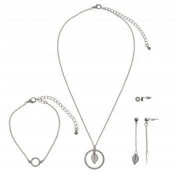 Set Kette Armband Ohrringe Metall gesandet glanz Glasstein weiß