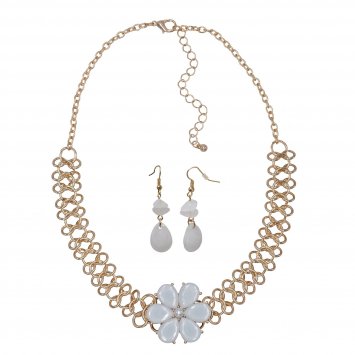 Kette Ohrhänger Metall gelb glänzend Blume Glasstein weiß