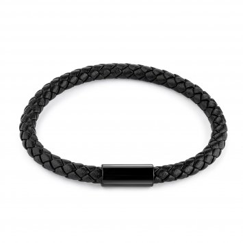 Armband Edelstahl Leder schwarz 21cm