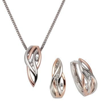 Schmuck-Set Silber 925 zweifarbig mit Zirkonia weiß