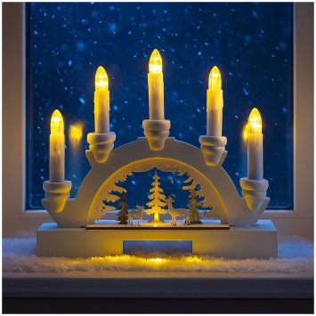 LED Schwibbogen weiß mit Rehen im Wald Batteriebetrieben