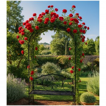 Gartenbank mit Rosenbogen