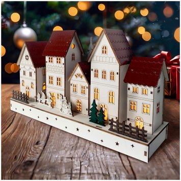 LED Holz Weihnachtsdorf mit Wintermotiv Batteriebetrieben