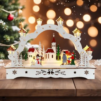 Lichterbogen in modernem Weiß Weihnachtsdorf mit Schneemann