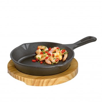 Pfanne Gusseisen, rund mit Holzbrett