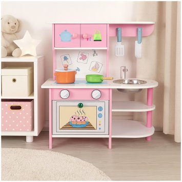 Spielküche aus MDF Kinderküche pink mit Backofen und Zubehör