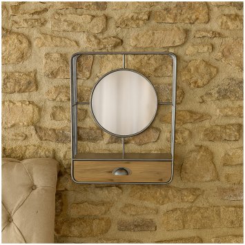 Wandspiegel mit Schublade Industrial Design aus Metall und Holz