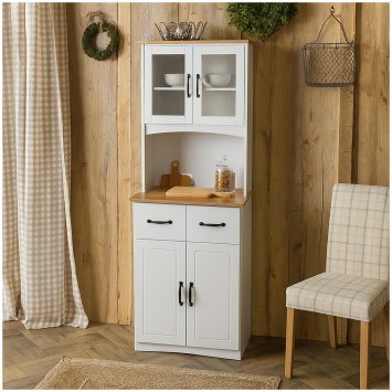 Eleganter Küchenschrank mit Glasvitrine Landhausstil Weiß