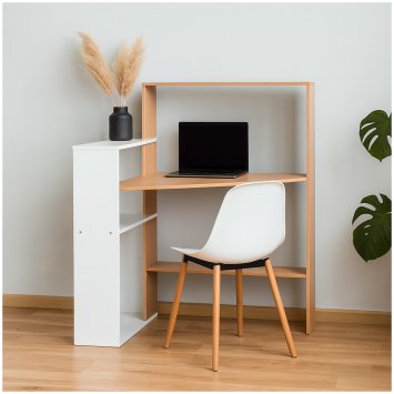 Winkelschreibtisch mit Regal platzsparender Schrei Holz Weiss modern für Homeoffice und Büro