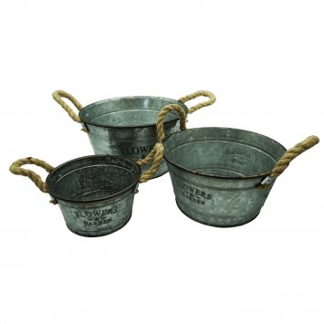 Pflanztopf Zink, rund, 3-teilig mit Jutegriff