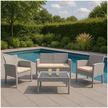 4-teiliges Polyrattan Lounge-Set mit Tisch Gartenmöbel Set Zita Grau