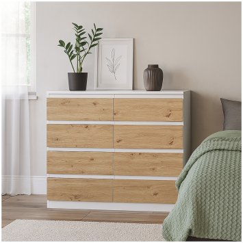 Moderne Kommode mit 8 grifflosen Schubladen Weiß-Artisaneiche