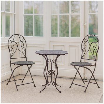Bistroset aus Metall 3-teilig, detailreich verzier Klapptisch Ø 60 cm und 2 Klappstühle