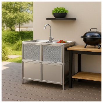 Spüle mit Abtropfläche und Unterschrank für Outdoorküche Silber