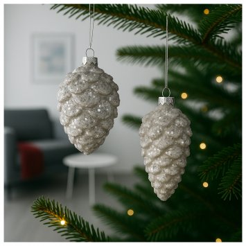 Weihnachtsbaumbehang 2er Set Zapfen Weiß Glitzer