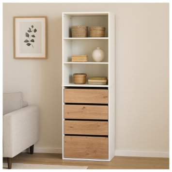 Schrank mit 4 Schubladen und 3 offenen Fächern Weiß/Artisaneiche