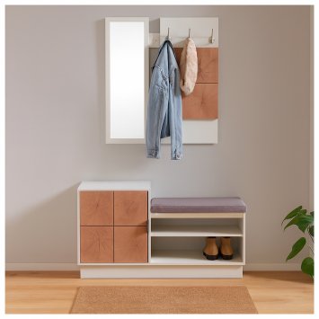 Garderobenpaneel mit Spiegel und Schuhbank Dana Weiß-Baumscheibe