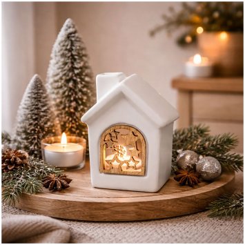 LED Keramikhaus mit Holzfenster Weiß