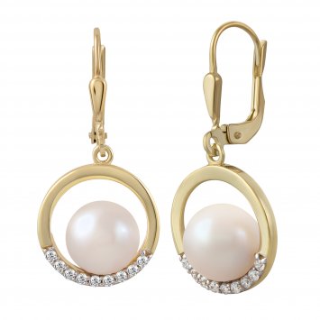 Ohrringe Gold 375 Perle weiß 8-8,5mm Zirkonia weiß