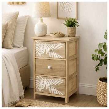 Kommode Melia 3 Schubladen Palmen-Design Artisaneiche-Weiß