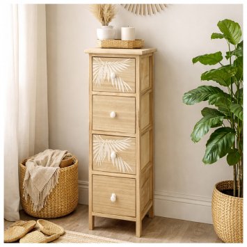 Kommode Melia schmal 4 Schubladen Palmen-Design Artisaneiche-Weiß