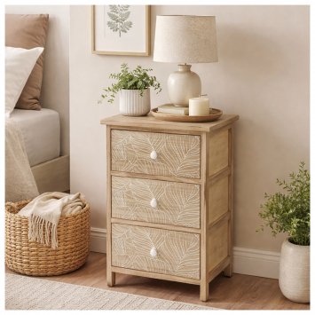 Kommode Melia 3 Schubladen Blätter-Design Artisaneiche-Weiß