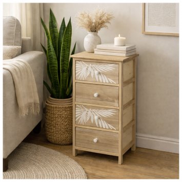 Kommode Melia 4 Schubladen Palmen-Design Artisaneiche-Weiß