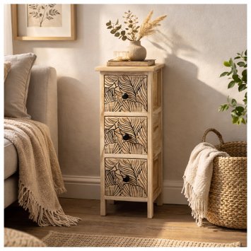 Kommode Melia schmal 3 Schubladen Blätter-Design Artisaneiche-Schwarz