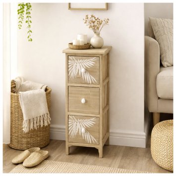 Kommode Melia schmal 3 Schubladen Palmen-Design Artisaneiche-Weiß