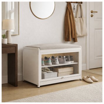 Schuhschrank mit Schiebetür und Sitzkissen Beige