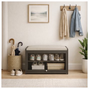Schuhschrank mit Schiebetür und Sitzkissen Grau
