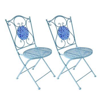 Gartenstuhl 2er-Set Metall Blau mit Blütenmotiv