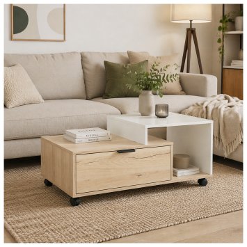 Couchtisch Cedrik auf Rollen mit Schublade Artisaneiche-Weiß