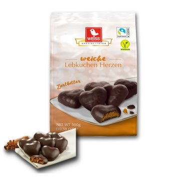 Weiss Weiche Lebkuchen Herzen überzogen mit Zartbitterschokolade 300g