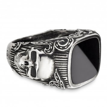 Ring Silber 925 oxydiert mit Totenkopf-Motiv und schwarzem Onyx