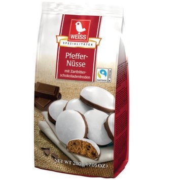 Weiss Pfeffernüsse mit Glasur und Zartbitterschokoladenboden 200g