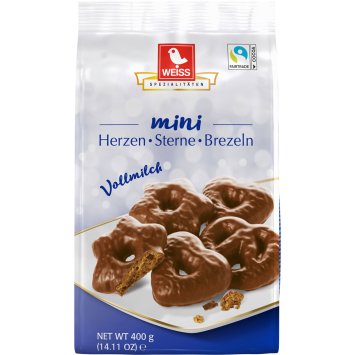 Weiss Mini Herzen Sternen Brezeln mit Vollmilchschokolade 400g