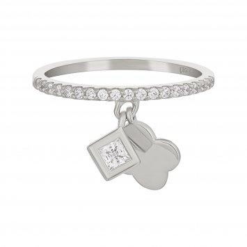 Ring 925 Sterling Silber rhodiniert mit Anhängern Kleeblatt Zirkonia